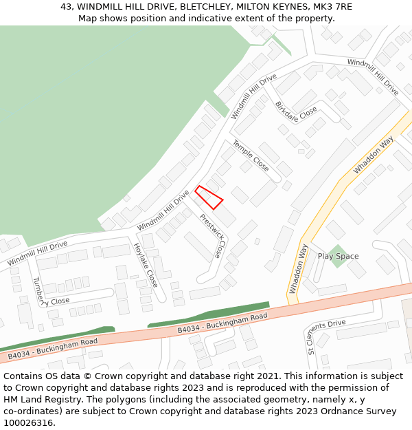 43, WINDMILL HILL DRIVE, BLETCHLEY, MILTON KEYNES, MK3 7RE: Location map and indicative extent of plot