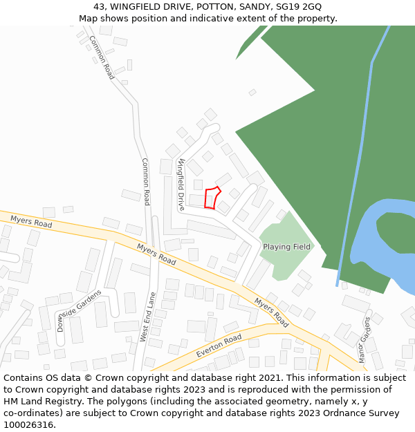 43, WINGFIELD DRIVE, POTTON, SANDY, SG19 2GQ: Location map and indicative extent of plot