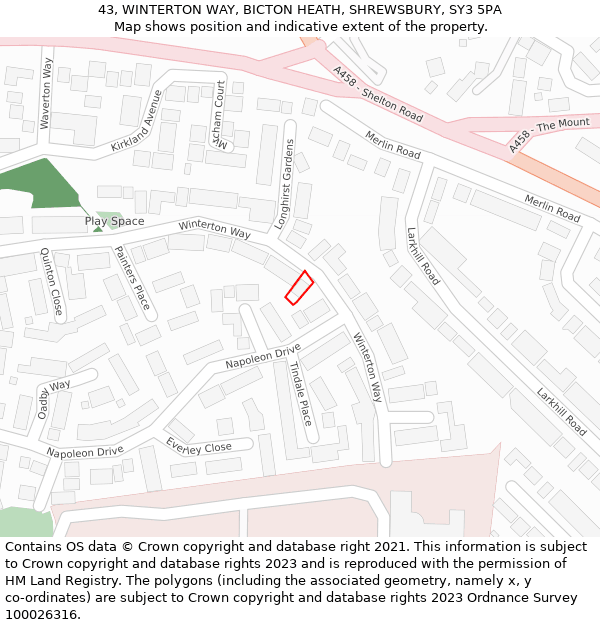 43, WINTERTON WAY, BICTON HEATH, SHREWSBURY, SY3 5PA: Location map and indicative extent of plot