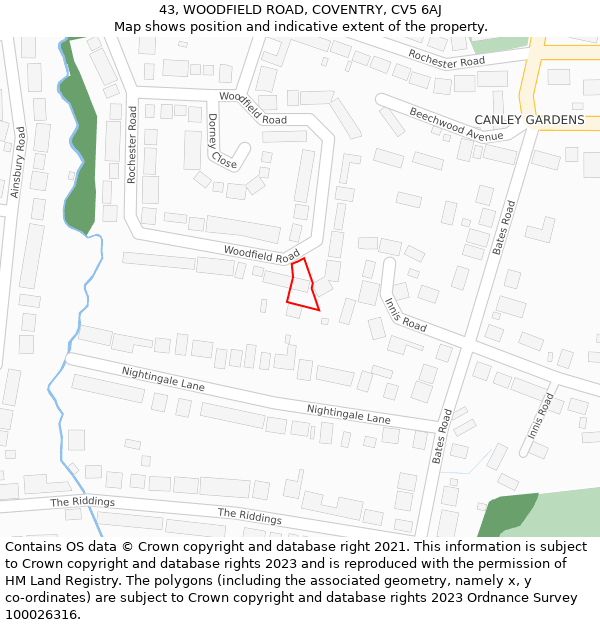 43, WOODFIELD ROAD, COVENTRY, CV5 6AJ: Location map and indicative extent of plot