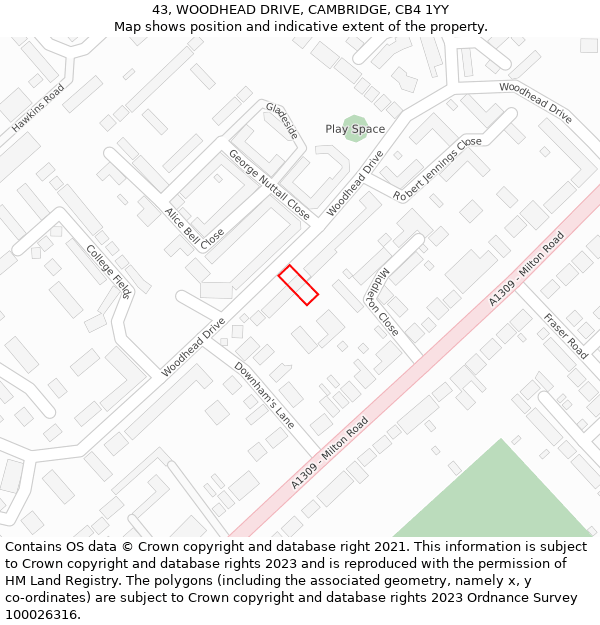 43, WOODHEAD DRIVE, CAMBRIDGE, CB4 1YY: Location map and indicative extent of plot