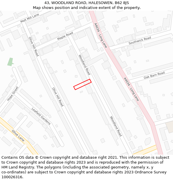 43, WOODLAND ROAD, HALESOWEN, B62 8JS: Location map and indicative extent of plot