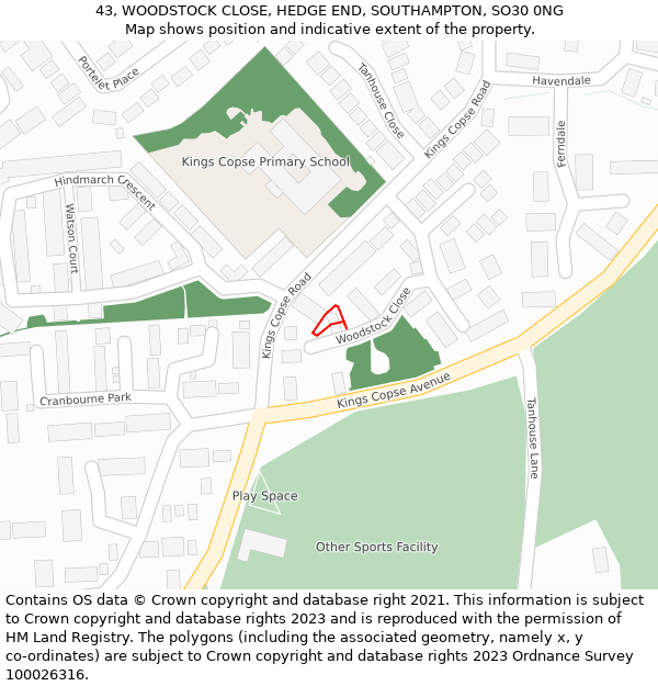 43, WOODSTOCK CLOSE, HEDGE END, SOUTHAMPTON, SO30 0NG: Location map and indicative extent of plot