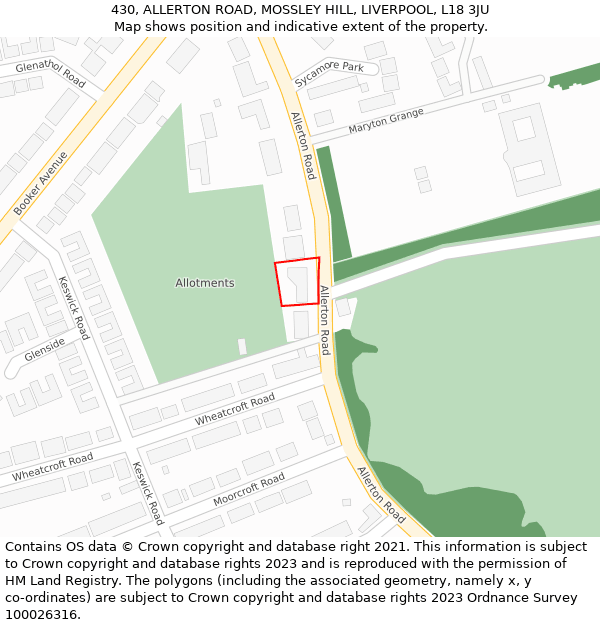 430, ALLERTON ROAD, MOSSLEY HILL, LIVERPOOL, L18 3JU: Location map and indicative extent of plot