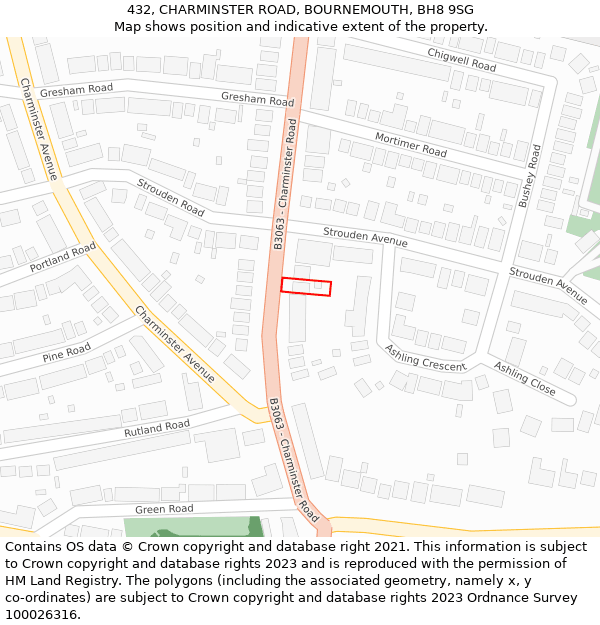 432, CHARMINSTER ROAD, BOURNEMOUTH, BH8 9SG: Location map and indicative extent of plot