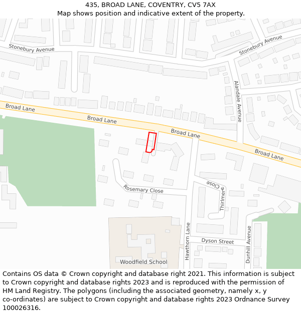 435, BROAD LANE, COVENTRY, CV5 7AX: Location map and indicative extent of plot