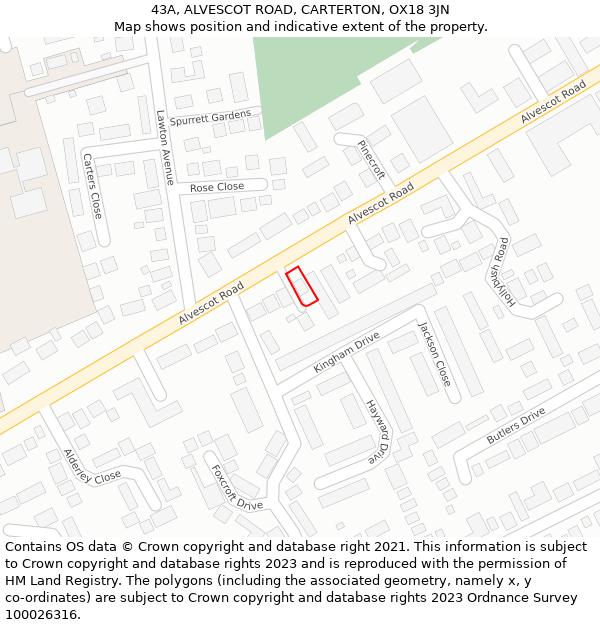 43A, ALVESCOT ROAD, CARTERTON, OX18 3JN: Location map and indicative extent of plot