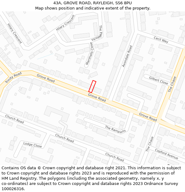 43A, GROVE ROAD, RAYLEIGH, SS6 8PU: Location map and indicative extent of plot