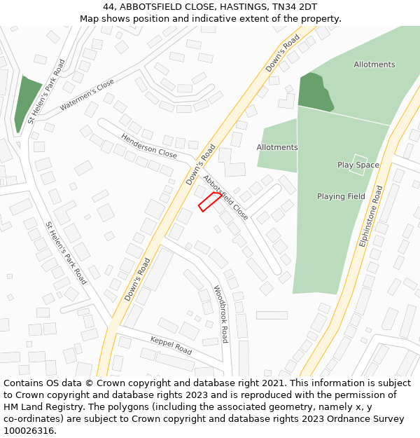 44, ABBOTSFIELD CLOSE, HASTINGS, TN34 2DT: Location map and indicative extent of plot