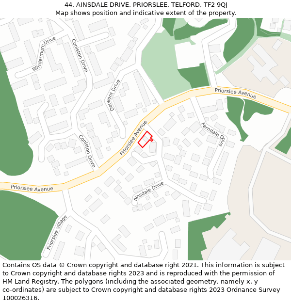44, AINSDALE DRIVE, PRIORSLEE, TELFORD, TF2 9QJ: Location map and indicative extent of plot