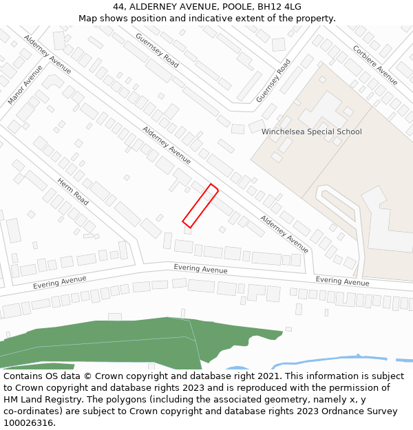 44, ALDERNEY AVENUE, POOLE, BH12 4LG: Location map and indicative extent of plot