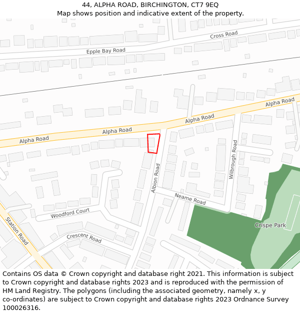44, ALPHA ROAD, BIRCHINGTON, CT7 9EQ: Location map and indicative extent of plot