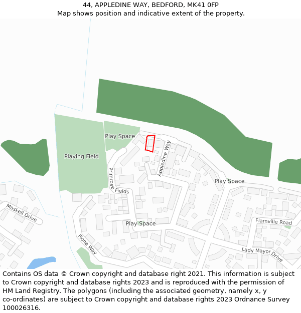 44, APPLEDINE WAY, BEDFORD, MK41 0FP: Location map and indicative extent of plot