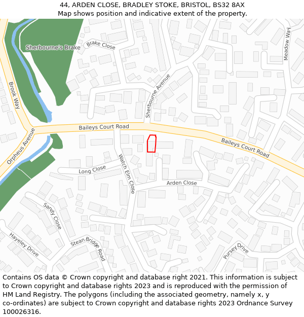 44, ARDEN CLOSE, BRADLEY STOKE, BRISTOL, BS32 8AX: Location map and indicative extent of plot