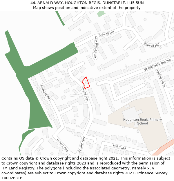 44, ARNALD WAY, HOUGHTON REGIS, DUNSTABLE, LU5 5UN: Location map and indicative extent of plot