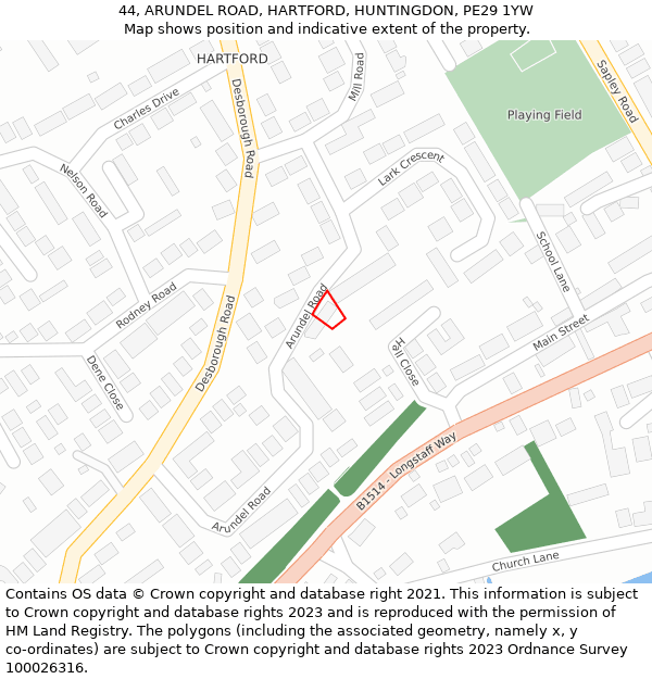 44, ARUNDEL ROAD, HARTFORD, HUNTINGDON, PE29 1YW: Location map and indicative extent of plot