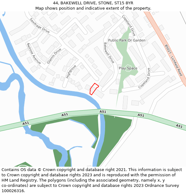 44, BAKEWELL DRIVE, STONE, ST15 8YR: Location map and indicative extent of plot