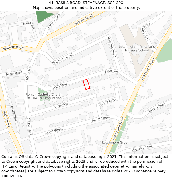 44, BASILS ROAD, STEVENAGE, SG1 3PX: Location map and indicative extent of plot