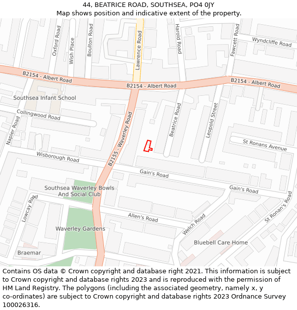 44, BEATRICE ROAD, SOUTHSEA, PO4 0JY: Location map and indicative extent of plot