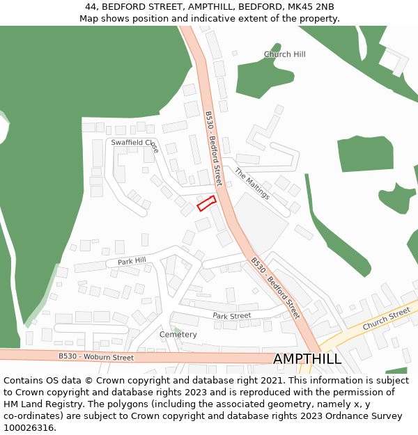 44, BEDFORD STREET, AMPTHILL, BEDFORD, MK45 2NB: Location map and indicative extent of plot