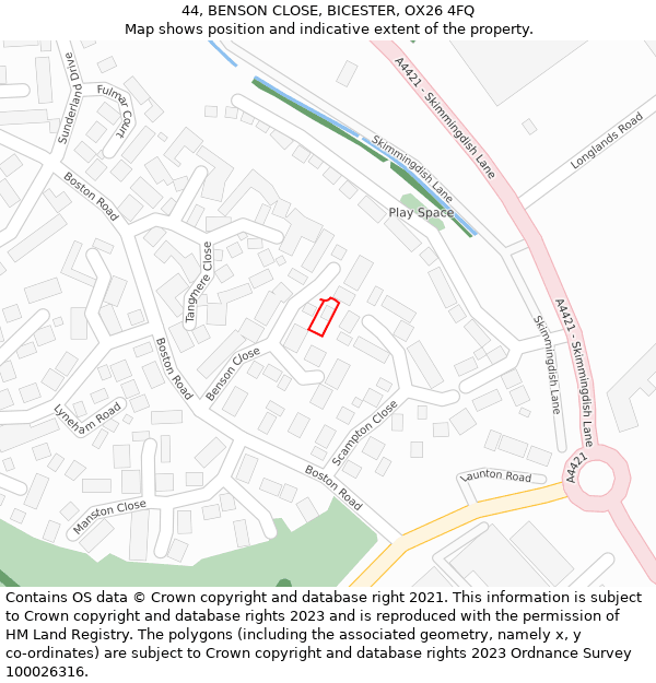 44, BENSON CLOSE, BICESTER, OX26 4FQ: Location map and indicative extent of plot