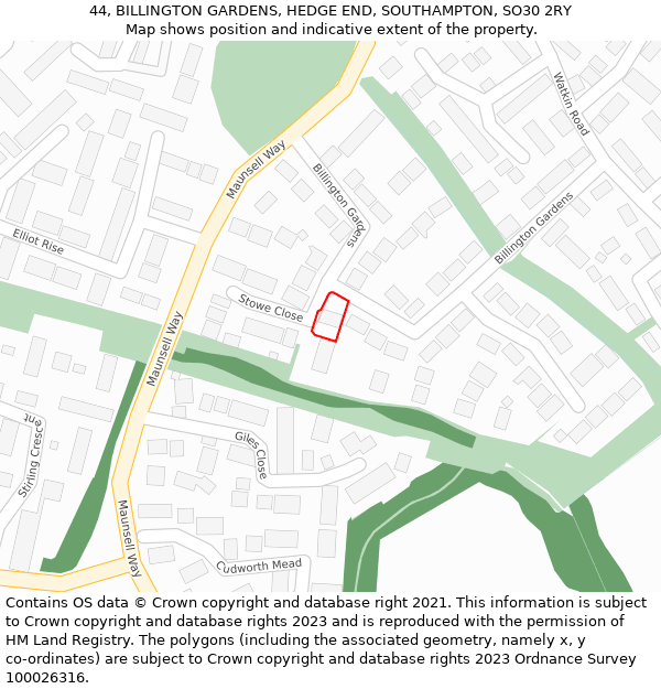 44, BILLINGTON GARDENS, HEDGE END, SOUTHAMPTON, SO30 2RY: Location map and indicative extent of plot