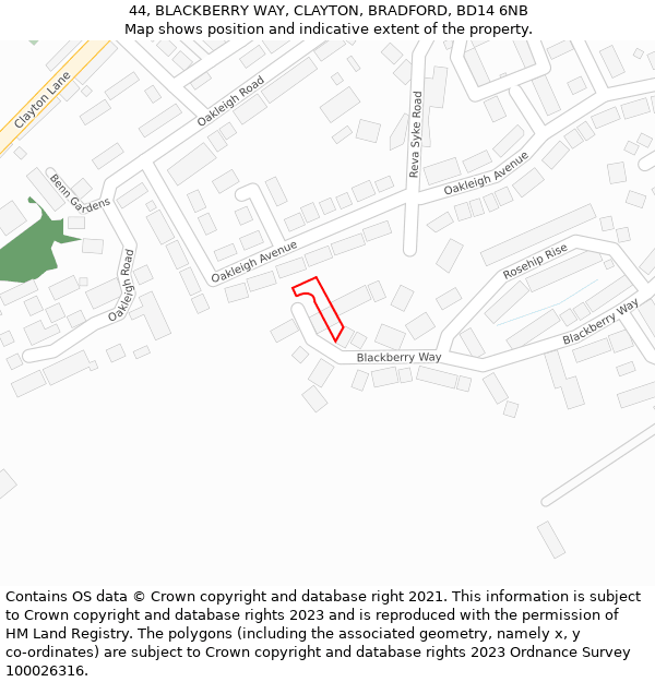 44, BLACKBERRY WAY, CLAYTON, BRADFORD, BD14 6NB: Location map and indicative extent of plot