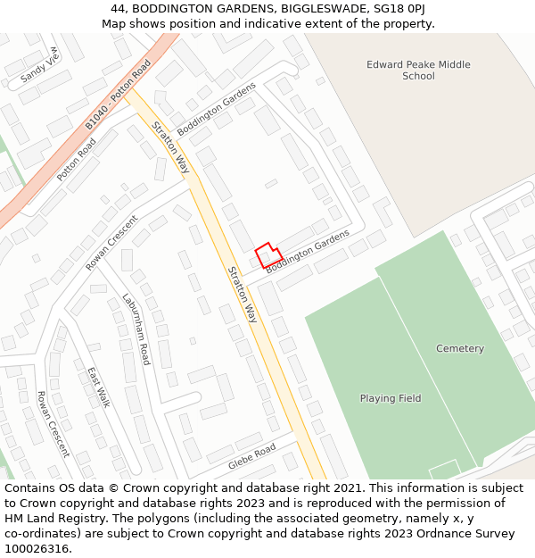 44, BODDINGTON GARDENS, BIGGLESWADE, SG18 0PJ: Location map and indicative extent of plot