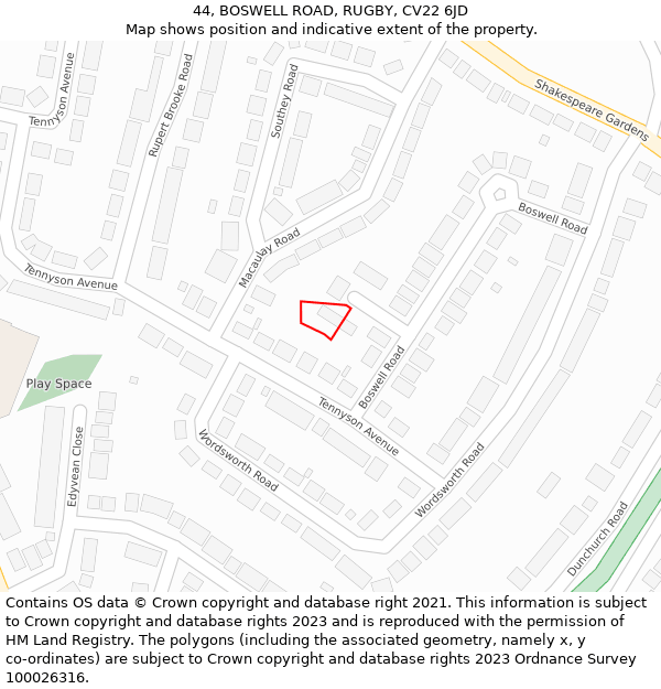 44, BOSWELL ROAD, RUGBY, CV22 6JD: Location map and indicative extent of plot