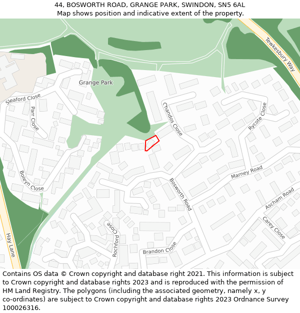 44, BOSWORTH ROAD, GRANGE PARK, SWINDON, SN5 6AL: Location map and indicative extent of plot