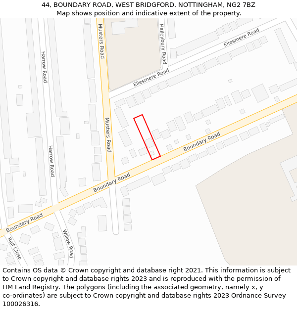 44, BOUNDARY ROAD, WEST BRIDGFORD, NOTTINGHAM, NG2 7BZ: Location map and indicative extent of plot