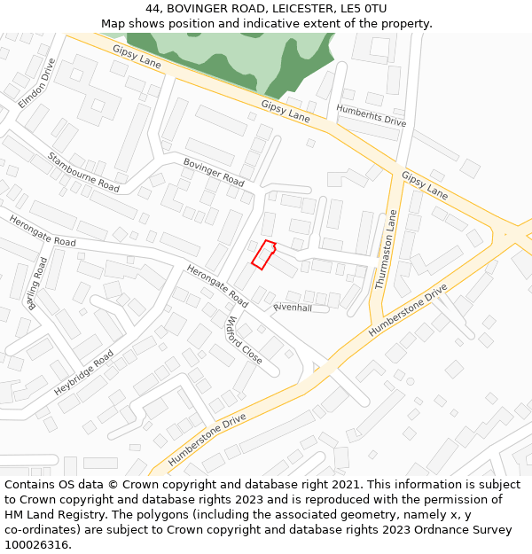 44, BOVINGER ROAD, LEICESTER, LE5 0TU: Location map and indicative extent of plot