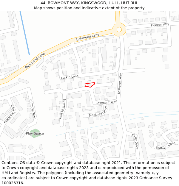 44, BOWMONT WAY, KINGSWOOD, HULL, HU7 3HL: Location map and indicative extent of plot