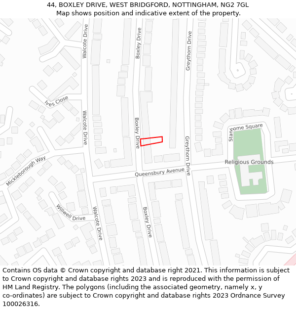 44, BOXLEY DRIVE, WEST BRIDGFORD, NOTTINGHAM, NG2 7GL: Location map and indicative extent of plot