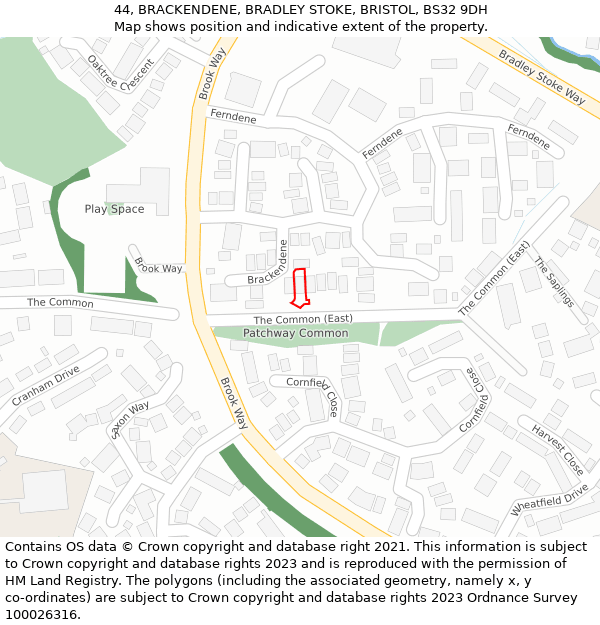 44, BRACKENDENE, BRADLEY STOKE, BRISTOL, BS32 9DH: Location map and indicative extent of plot