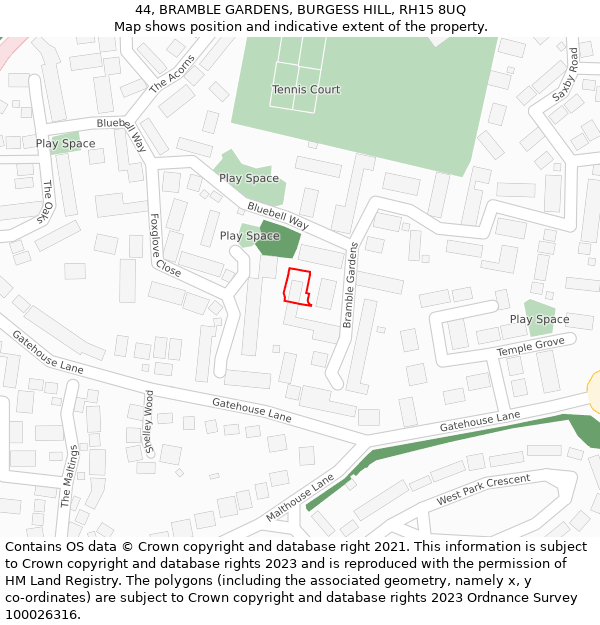 44, BRAMBLE GARDENS, BURGESS HILL, RH15 8UQ: Location map and indicative extent of plot