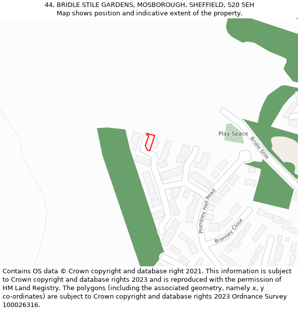 44, BRIDLE STILE GARDENS, MOSBOROUGH, SHEFFIELD, S20 5EH: Location map and indicative extent of plot