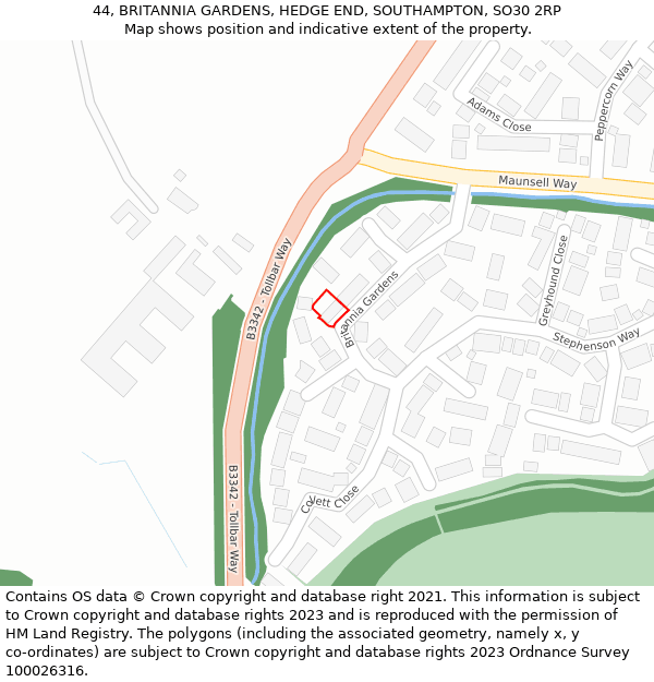 44, BRITANNIA GARDENS, HEDGE END, SOUTHAMPTON, SO30 2RP: Location map and indicative extent of plot