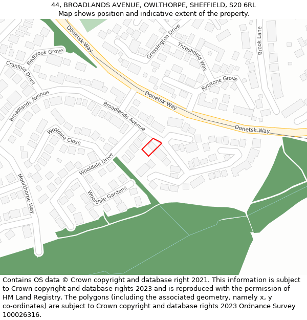 44, BROADLANDS AVENUE, OWLTHORPE, SHEFFIELD, S20 6RL: Location map and indicative extent of plot
