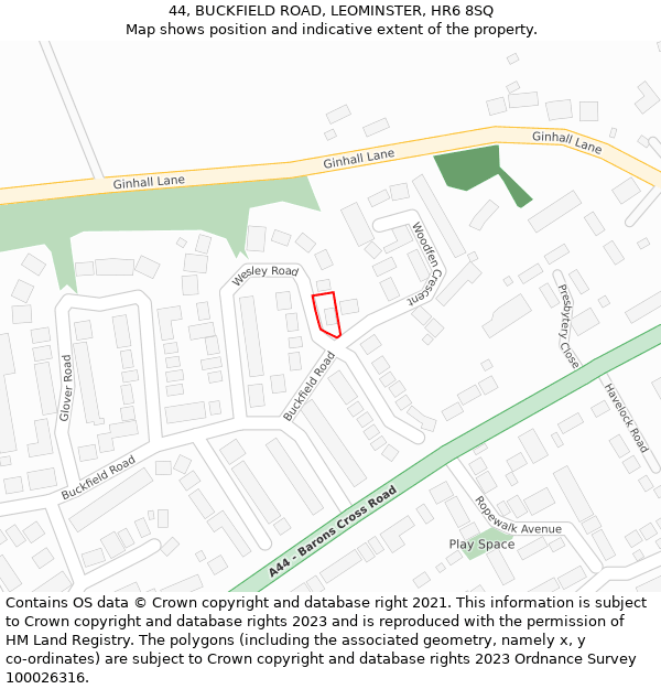 44, BUCKFIELD ROAD, LEOMINSTER, HR6 8SQ: Location map and indicative extent of plot