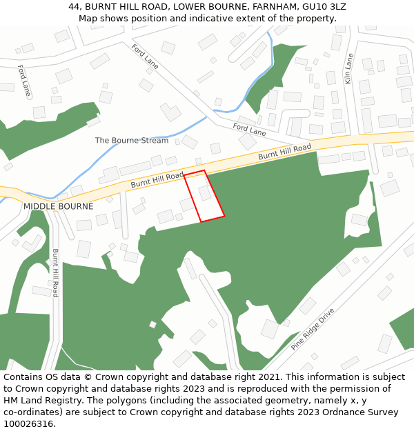 44, BURNT HILL ROAD, LOWER BOURNE, FARNHAM, GU10 3LZ: Location map and indicative extent of plot