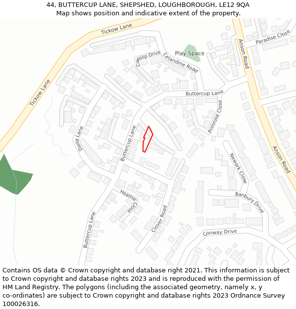 44, BUTTERCUP LANE, SHEPSHED, LOUGHBOROUGH, LE12 9QA: Location map and indicative extent of plot