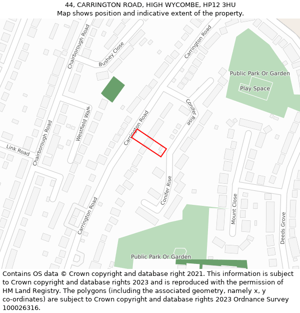 44, CARRINGTON ROAD, HIGH WYCOMBE, HP12 3HU: Location map and indicative extent of plot