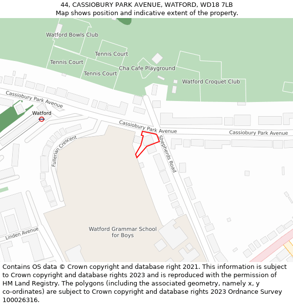 44, CASSIOBURY PARK AVENUE, WATFORD, WD18 7LB: Location map and indicative extent of plot