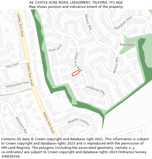 44, CASTLE ACRE ROAD, LEEGOMERY, TELFORD, TF1 6QZ: Location map and indicative extent of plot