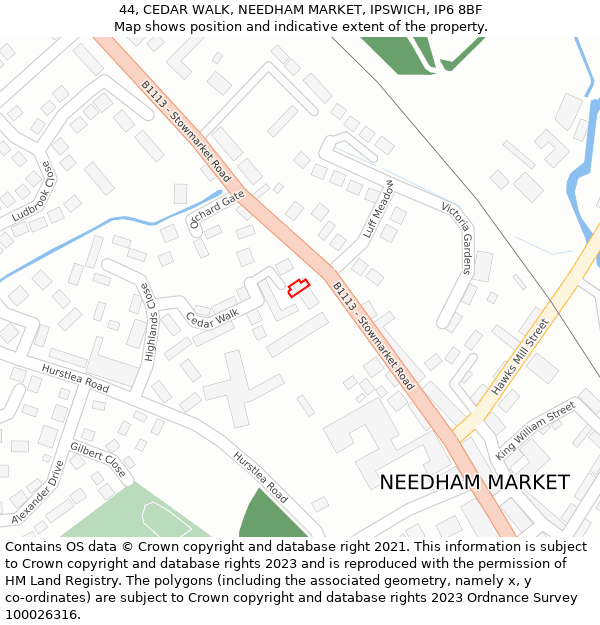 44, CEDAR WALK, NEEDHAM MARKET, IPSWICH, IP6 8BF: Location map and indicative extent of plot