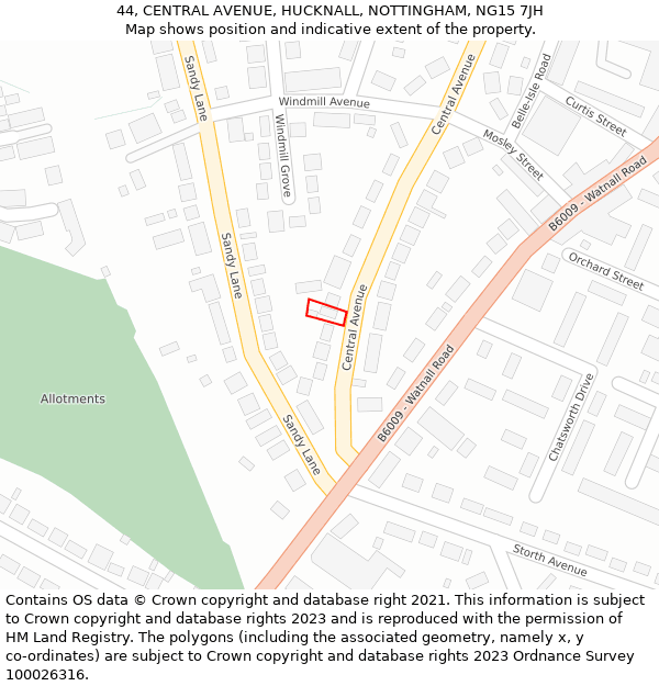 44, CENTRAL AVENUE, HUCKNALL, NOTTINGHAM, NG15 7JH: Location map and indicative extent of plot