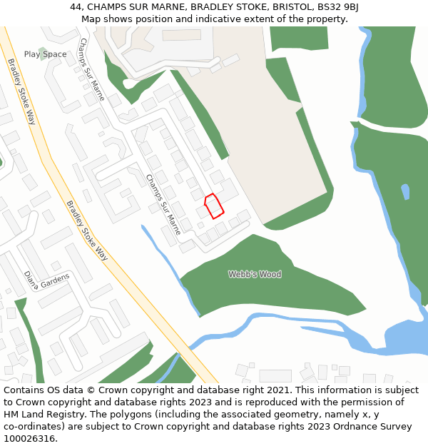 44, CHAMPS SUR MARNE, BRADLEY STOKE, BRISTOL, BS32 9BJ: Location map and indicative extent of plot