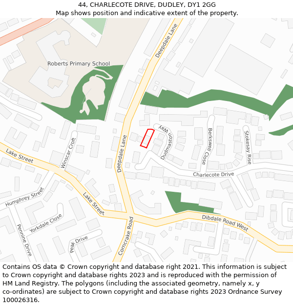 44, CHARLECOTE DRIVE, DUDLEY, DY1 2GG: Location map and indicative extent of plot