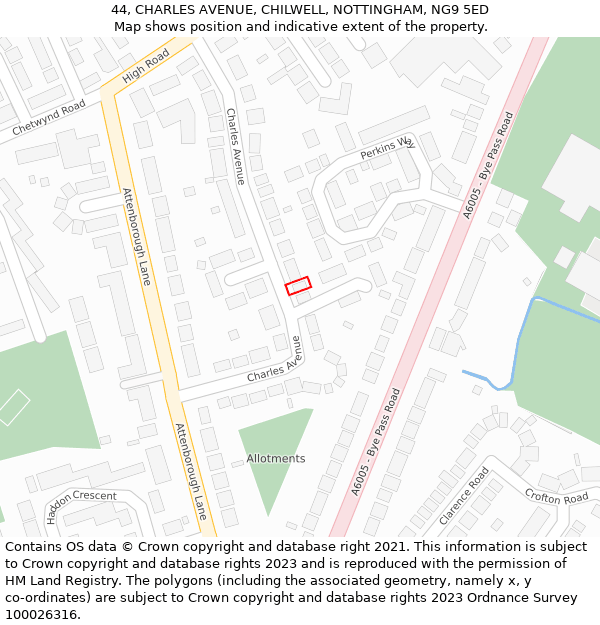 44, CHARLES AVENUE, CHILWELL, NOTTINGHAM, NG9 5ED: Location map and indicative extent of plot